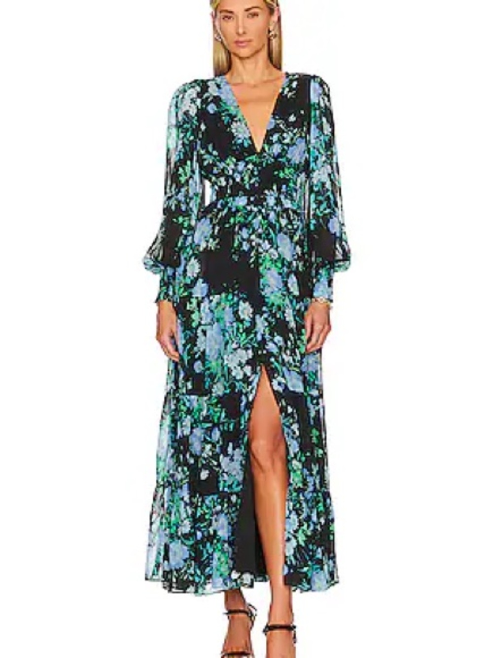Yumi Kim Black Maxi Dress with Blue and Green Floral Print